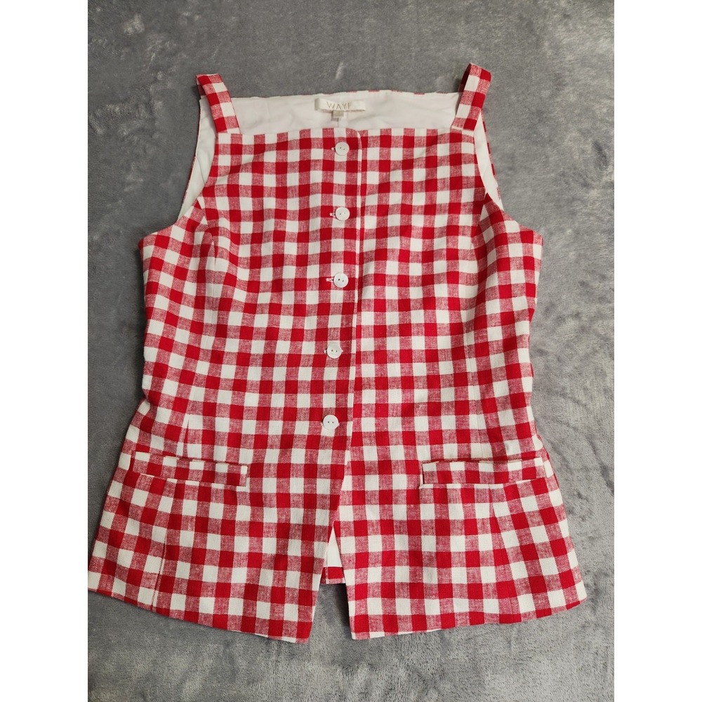New WAYF x Styled by COCO! Red Linen Blend Gingham Button Down Shirt Vest 8
